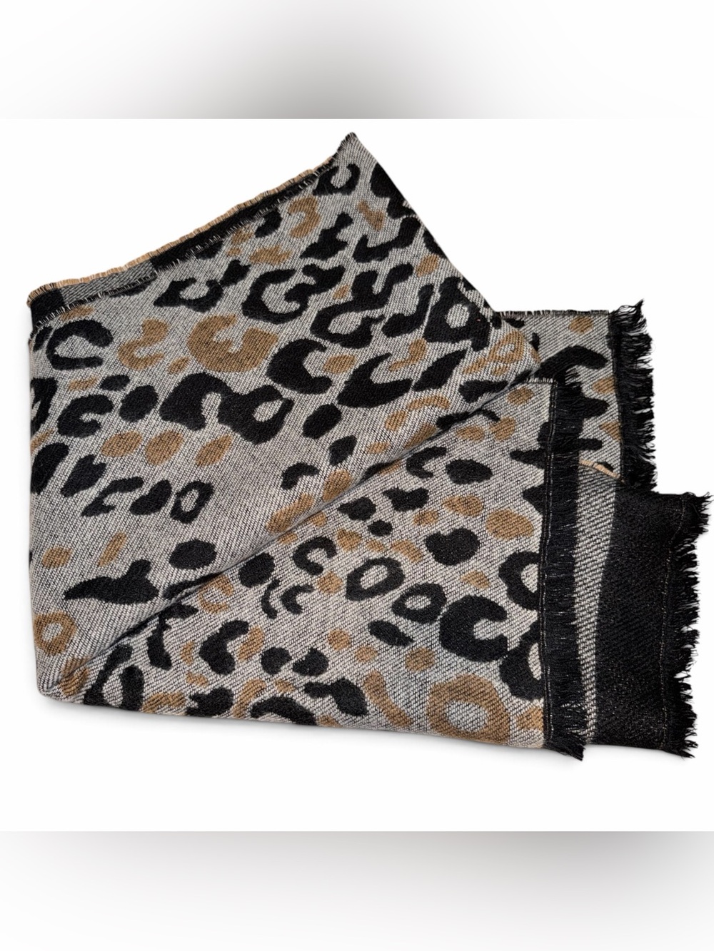Leopard Print reversible knit Fringe Scarf - Black and Brown 78” x 27”